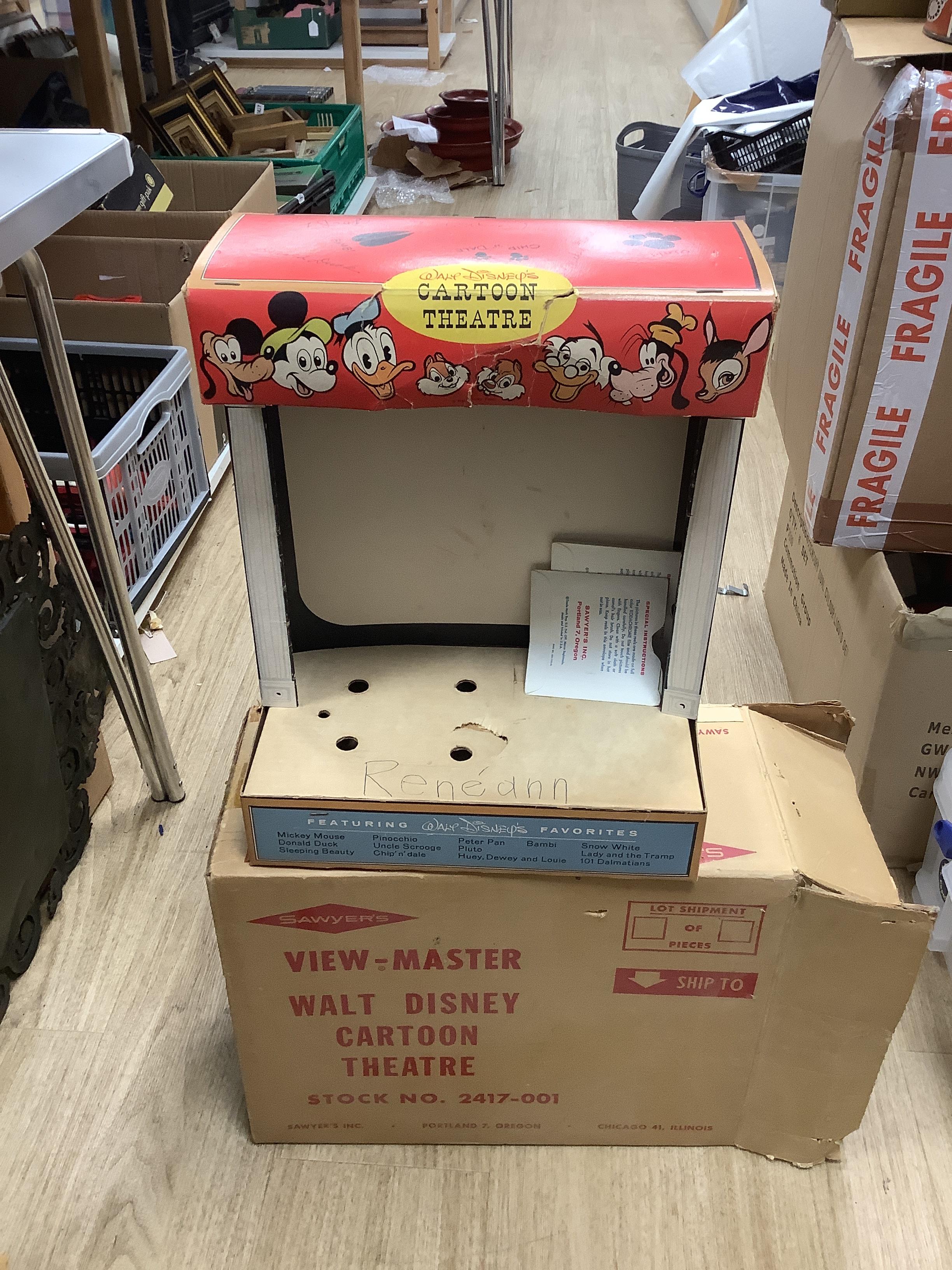 Sawyer’s View-Master empty boxes and a scarce printed card Walt Disney Cartoon Theatre, with original shipping box